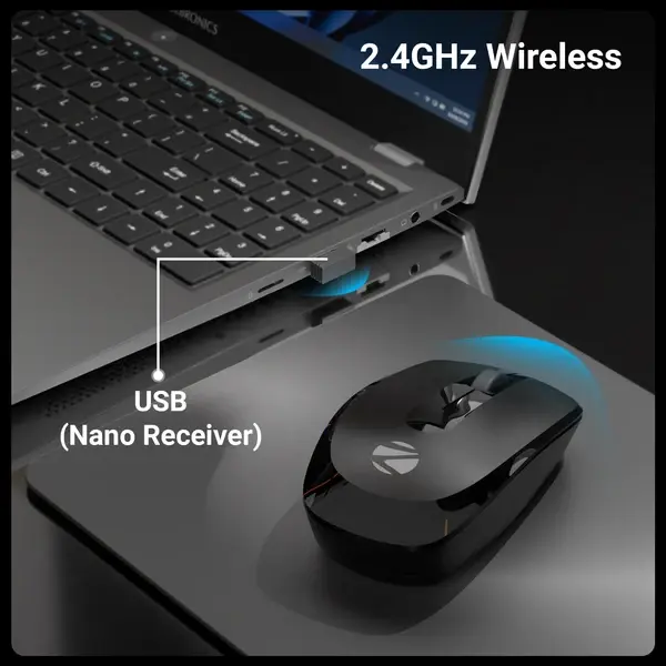 ZEBRONICS Wireless Mouse, 2.4GHz, 3200 DPI, 3 Buttons, Comfortable & Ergonomic, USB Nano Receiver, Power-Saving Mode, Works on Most Surfaces, for Mac | Laptop | Computer (Freego, Black) - Image 2